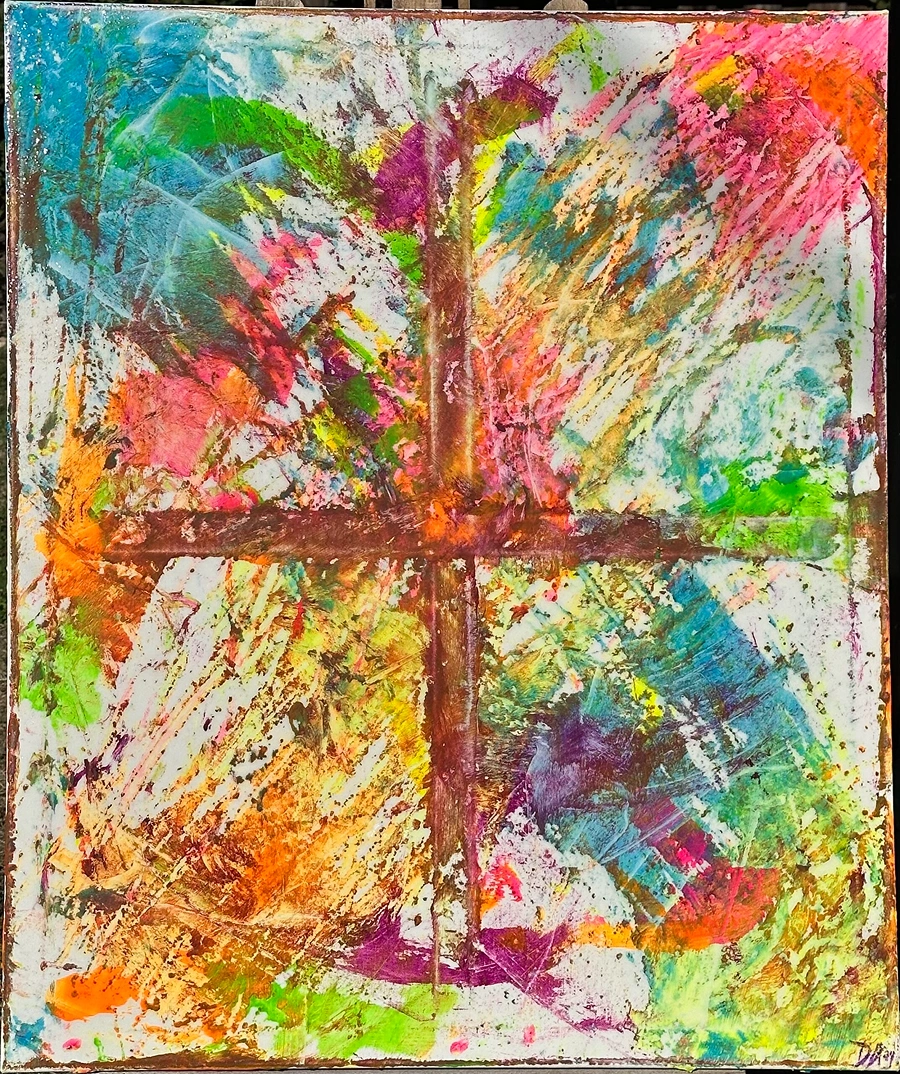 Colorful abstract painting with cross design.
